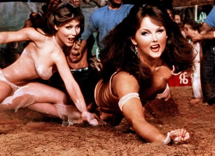 Image similar to lynda carter oil wrestling with taylor swift, movie still, from the movie porky ’ s, 8 k, realistic