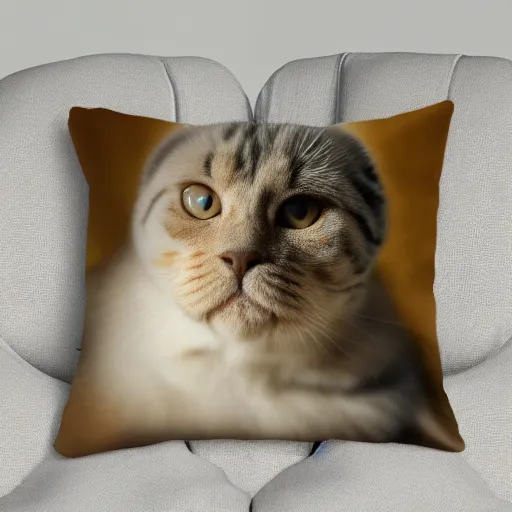 Prompt: content Scottish fold basking in the sunlight on a pillow portrait, atmospheric lighting, painted, golden ratio, golden hour, intricate, highly detailed by Rembrandt