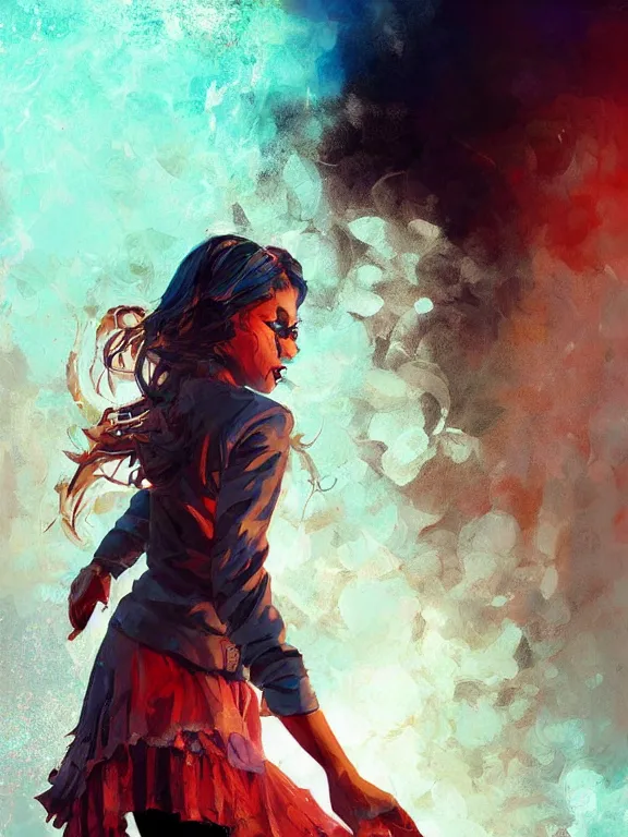 Prompt: digital illustration of a girl with eyes that burn like cigarettes wearing a short skirt and a long jacket with fingernails that shine like justice, dramatic lighting, photorealistic, extreme detail, 4 k, colorful, artgerm and craig mullins