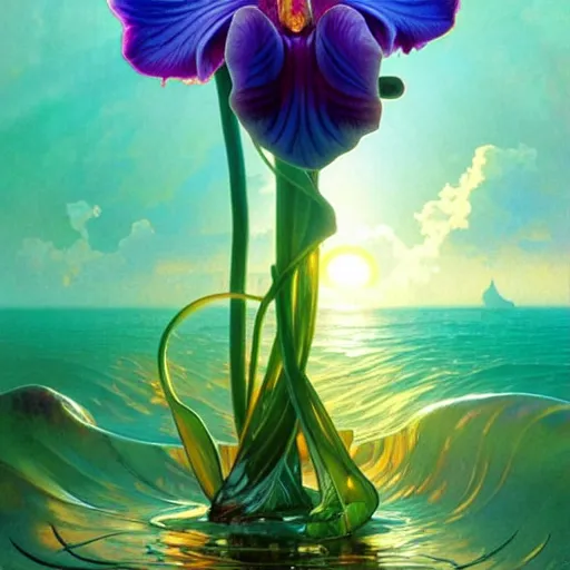 Prompt: detailed giant orchid flower surrounded by ocean wave, lsd water, lsd droplets, transparent dew, backlit, sunset, refracted lighting, art by collier, albert aublet, krenz cushart, artem demura, alphonse mucha