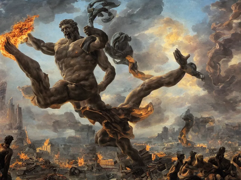 Image similar to giant greek statue attacking a city, city destruction ruins, debris flying around, swirls of fire