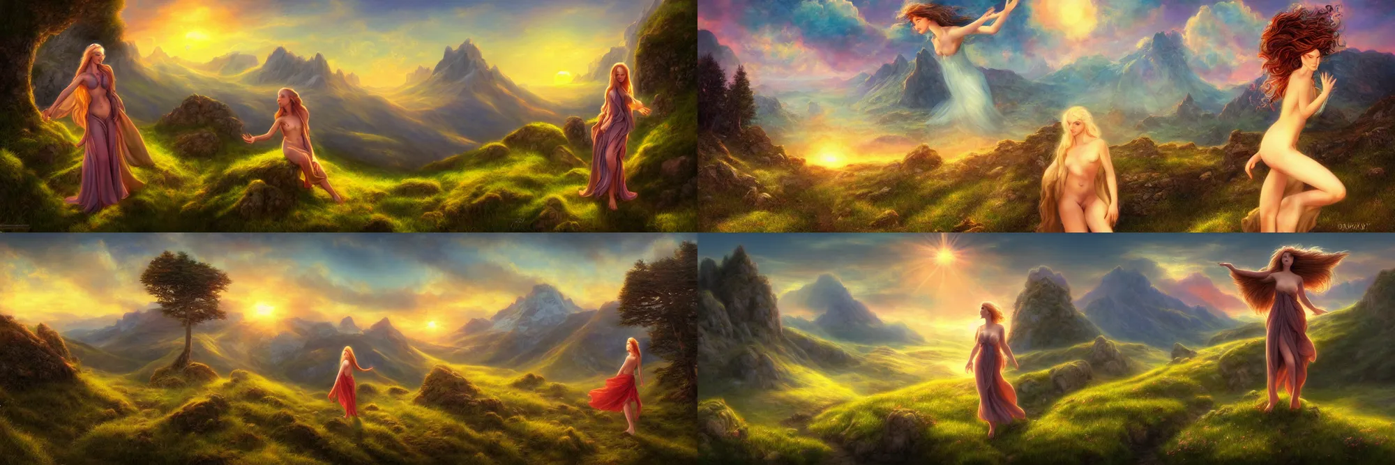 Prompt: mystical nature sprite with beautiful face and clothes in a beautiful alpine high moorland landscape, Fai, sunrise, in the style of Boris Vallejo, Artstation