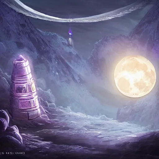 Prompt: moon and a light giant glowing pillar magic spell, epic fantasy style art, fantasy epic digital art, epic fantasy card game art