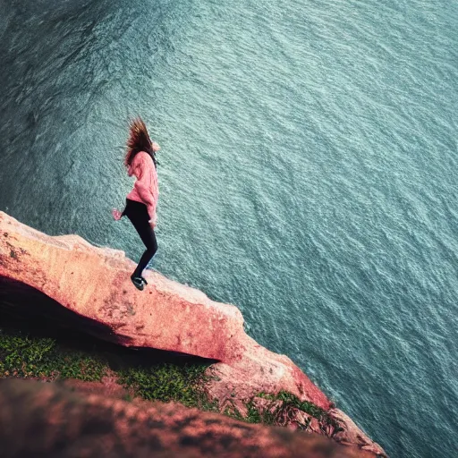 Image similar to woman stepping off a cliff onto a stepping stone in mid-air, photorealistic, 4k by Elsa Bleda