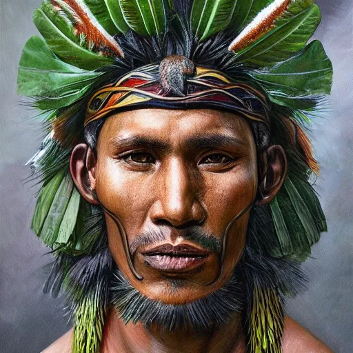 Prompt: a male tupi guarani warrior portrait, tropical plants hiding the top part of his face, by marco mazzoni, dark background