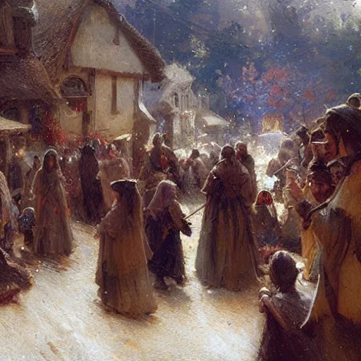 Prompt: a gathering of ragtag medieval villagers, style greg rutkowski gaston bussiere craig mullins