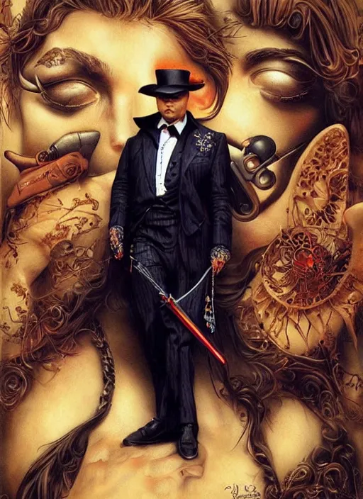 Image similar to johnny depp play james bond film by james jean, karol bak