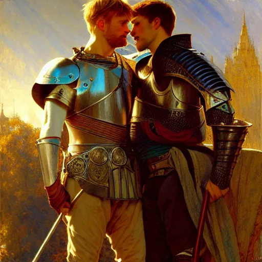 Image similar to attractive arthur pendragon and his attractive male knight, they are in love, natural lighting, path traced, highly detailed, high quality, digital painting, by gaston bussiere, craig mullins, alphonse mucha j. c. leyendecker