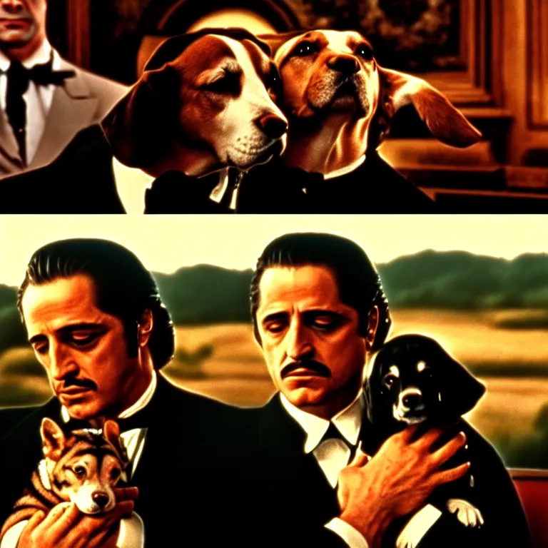 Image similar to cinescreen from the godfather, holding a dog, cinematic scene screen cap, realistic, film grain