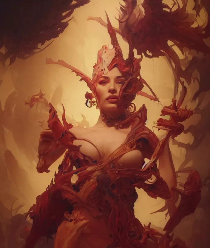 Image similar to excellent painted portrait of the grand demon tyrant, high quality masterpiece painting with detailed face, 4k, trending on artstation, octane render, art by artgerm and greg rutkowski and alphonse mucha and craig mullins and James Jean and Andrei Riabovitchev and Marc Simonetti and peter mohrbacher