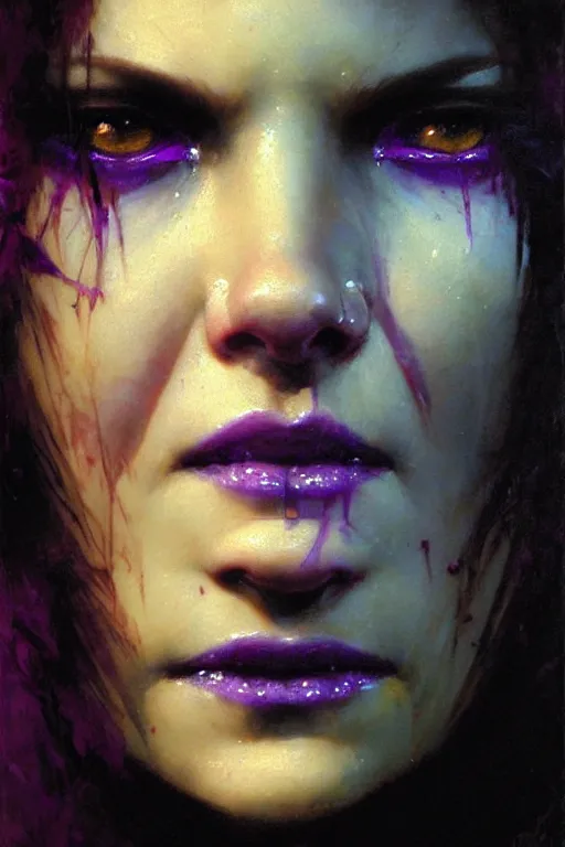 Prompt: extreme close up, facial portrait, woman in witch outfit, purple accents, stoic, grim dark, moody, portrait dnd, painting by gaston bussiere, craig mullins, greg rutkowski, yoji shinkawa