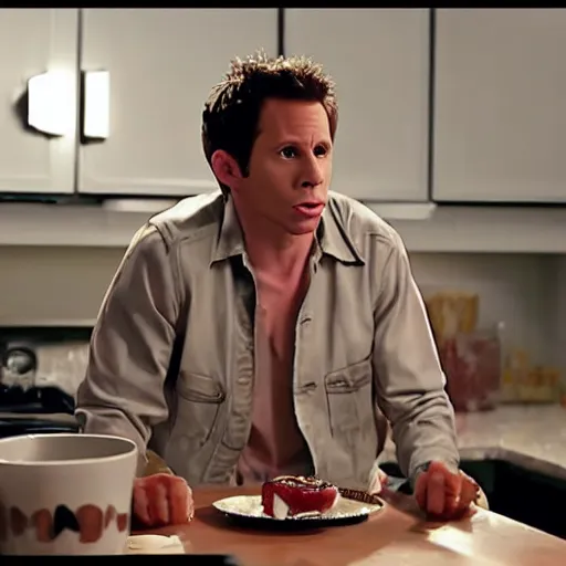 Image similar to dennis reynolds, sitting on a throne in a kitchen, cinematic style