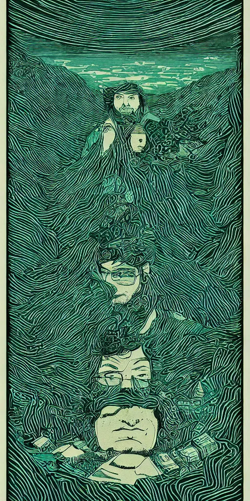 Image similar to eternal sunshine of the spotless mind, film grain, poster, style of 2d retro woodblock, layers of surreal geology, black fine lines on teal , stanley donwood, victo ngai, orthographic Wes Anderson