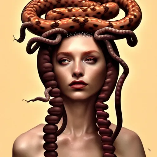 Prompt: medusa with sausages instead of snakes, sausage hair, photorealistic, illustration, intricate details, masterpiece, digital art, trending on artstation