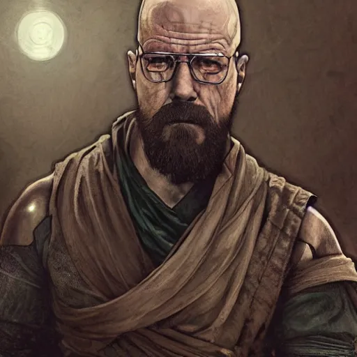 Image similar to Heisenberg as Kratos, highly detailed, digital painting, artstation, concept art, smooth, sharp focus, illustration, ArtStation, art by artgerm and greg rutkowski and alphonse mucha and J. C. Leyendecker and Edmund Blair Leighton and Katsuhiro Otomo and Geof Darrow and Phil hale and Ashley wood and Ilya repin and Charlie Bowater