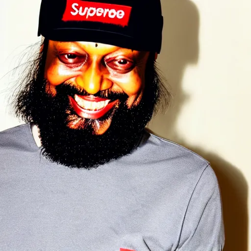 Image similar to osho wearing a supreme cap and smiling with grillz