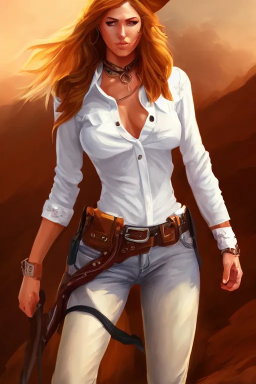 Image similar to full body, female cowgirl, perfect face, white blouse, holster, 8 k, magic the gathering, desert, d & d, artstation, high detail, smooth, muscular