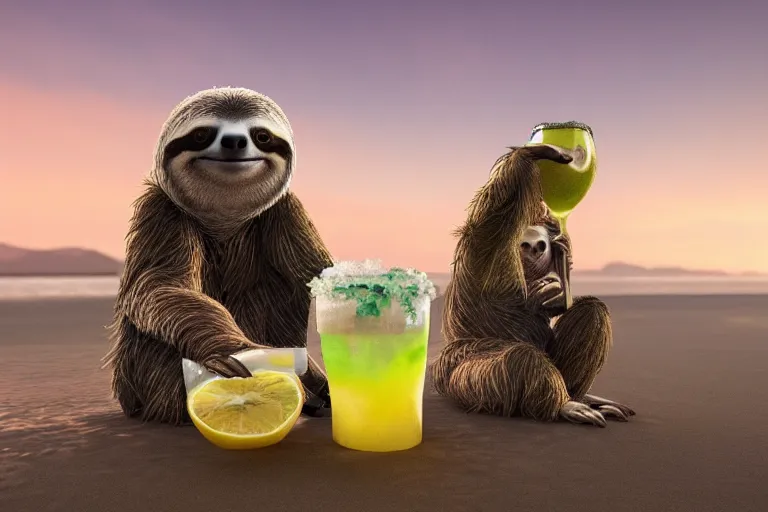 Prompt: a sloth drinking margaritas on a coromandel beach in new zealand, beach bar, party, award winning, vibrant, highly realistic, digital art, artstation, deviantart, hd, octane render, 4k