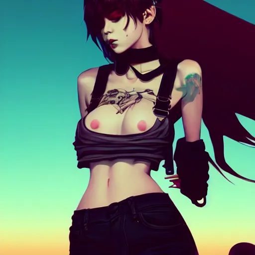 Image similar to torso shot of a beautiful punkrock woman in crop top, art by saruei and guweiz and ilya kuvshinov, digital art, highly detailed, intricate, sharp focus, trending on artstation hq, deviantart, pinterest, unreal engine 5, 4 k uhd image