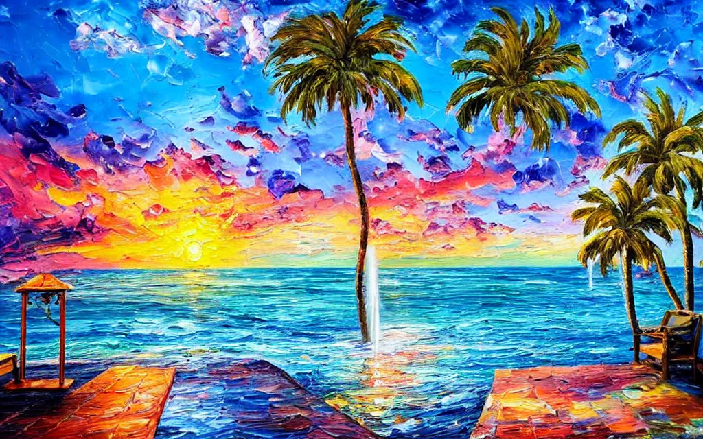 Image similar to a sea with a tiny island with a cute cozy cottage with a terrace, a paved garden courtyard with benches and a fountain, palm trees, river, sunset, puffy clouds, dramatic and dynamic lighting, thick brush strokes oil impasto painting