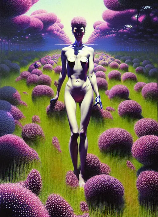 Prompt: surreal painting by hajime sorayama and greg rutkowski, garden flowers + blueberries + long grass + garden dwarfs!!!, 7 0's vintage sci - fi flat design, cinematic