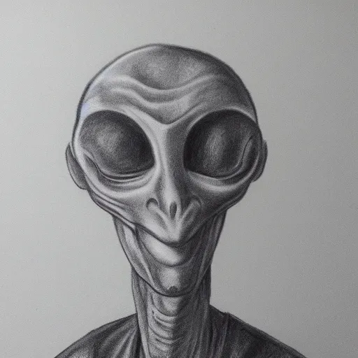 Image similar to pencil art of a grey alien, studio portrait