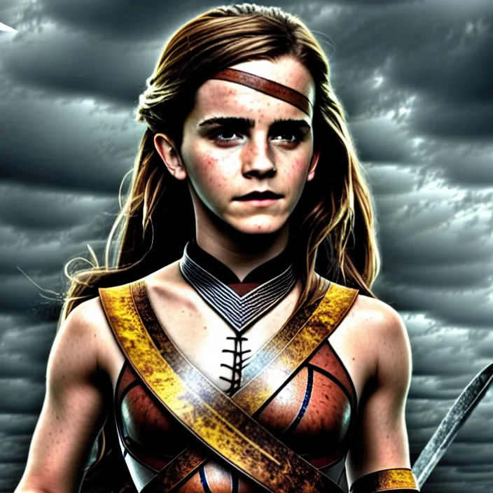 Image similar to full length photo of emma watson as an amazon warrior, highly detailed, 4 k, hdr, smooth, sharp focus, high resolution, award - winning photo