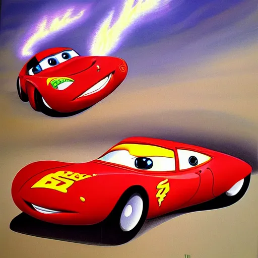 Image similar to a surrealist painting of Lightning McQueen,