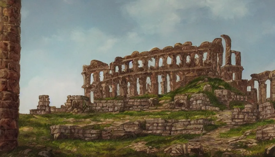 Image similar to a sleeping giant nestled between roman ruins, in the art style of the painter arellius