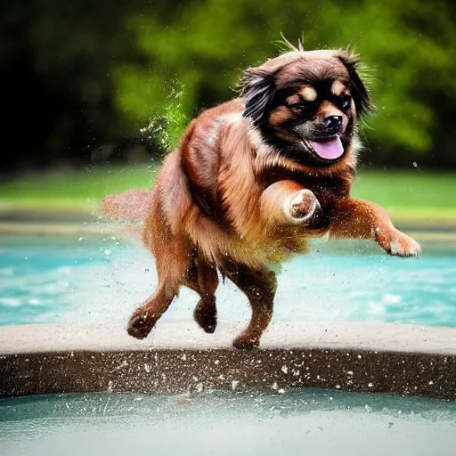 Prompt: award winning photography tibetan spaniel jumping into a pool, action shot, trending on artstation