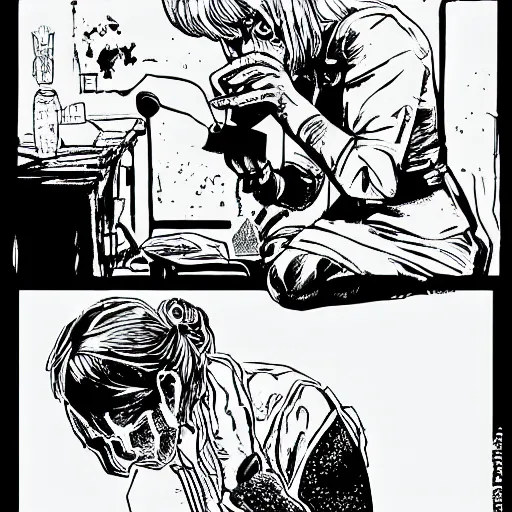 Prompt: by laurie greasley serene, melancholic. photograph. a woman holding a magnifying glass & a rock with a fossil in it. she is looking down at the fossil in concentration.