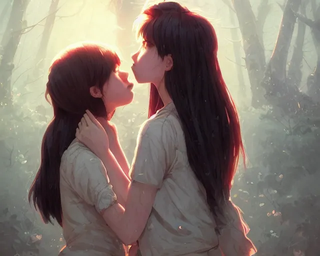 Image similar to two girls kissing and hugging, sharp details, sharp focus, elegant, highly detailed, illustration, by jordan grimmer and greg rutkowski and pine ( ハイネ ) and 薯 子 imoko and 香 川 悠 作 and wlop and maya takamura, intricate, beautiful, trending artstation, pixiv, digital art