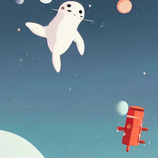 Image similar to baby harp seals as astronaut in space, atey ghailan, goro fujita, studio ghibli, rim light, sharp lighting, clear focus, very coherent,