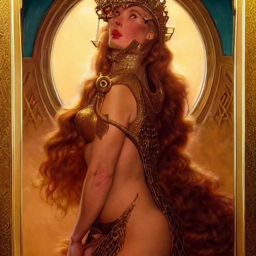 Prompt: highly detailed portrait of a majestic lioness queen in the form of a beautiful woman. d & d. art by donato giancola, gil elvgren, evelyn de morgan, bastien lecouffe - deharme. trending on artstation, intricate details, energetic composition, golden ratio, concept art, illustration, elegant art, global illuminaition