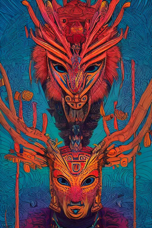 Image similar to totem animal tribal chaman vodoo mask feather gemstone plant video game illustration vivid color borderlands and by feng zhu and laurie greasley, victo ngai, andreas rocha, john harris radiating a glowing aura