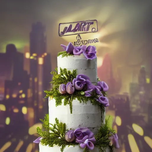 Image similar to a 3 meters-high wedding cake made only of purple tomatoes, beautfiul lighting, cinematic, style of blade runner 2049, hyper detailed, ultra realistic, 8k, trending on art station