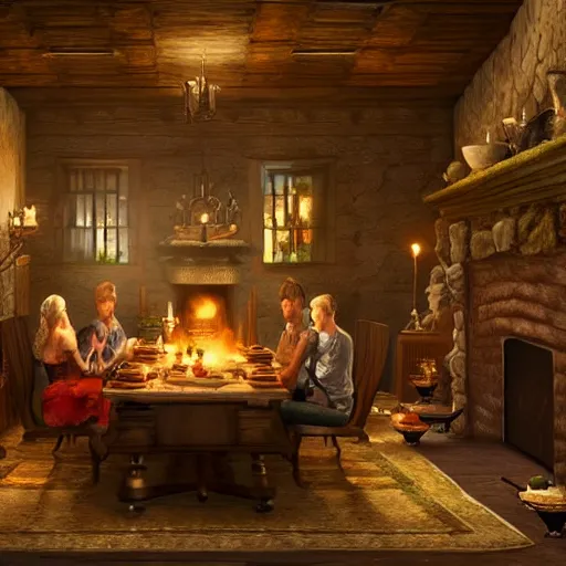 Prompt: the inside of a feywild mansion, with several people sitting around a long dinner table, in front of a fireplace, muted wallpaper, dungeons and dragons, 4 k, highly detailed