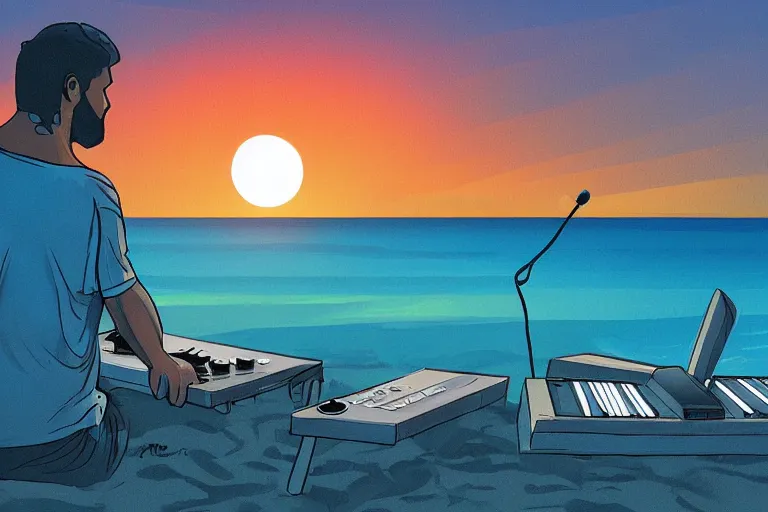 Image similar to a diskjockey making music in a beautiful beach, sunset, digital illustration