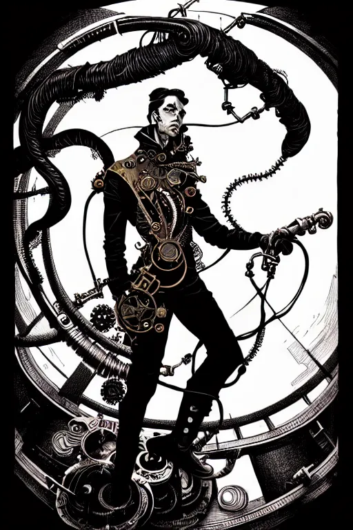 Image similar to side view of a majestic steampunk alchemist clooked male wizard holding his arm out, high details, bold line art, by vincent di fate and joe fenton, inking, etching, screen print, masterpiece, trending on artstation, sharp, high contrast, hyper - detailed,, hd, 4 k, 8 k