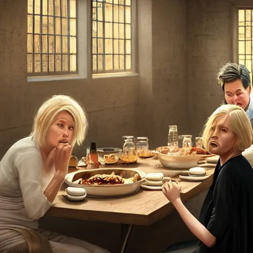 Image similar to michael mcintyre and middle aged blonde woman with short hair and a blonde woman with long hair having dinner at sunday in brooklyn, anatomy, bathed in light, highly detailed, photorealistic, artstation, smooth, sharp focus, illustration, unreal engine 5, 8 k, art by artgerm and greg rutkowski and edgar maxence