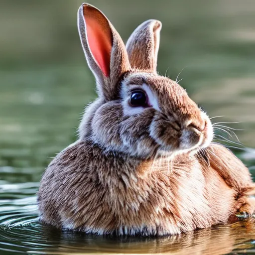 Prompt: high detailed photo of a rabbit relaxing at a nearby lake with a duck.