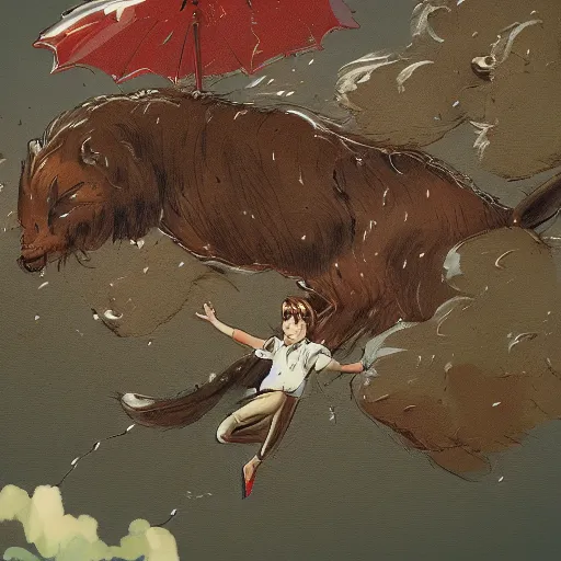 Image similar to giant cats and dogs are falling from the sky like rain, bystanders watching from the sides, 4 k, by miyazaki, monokubo, artstation,