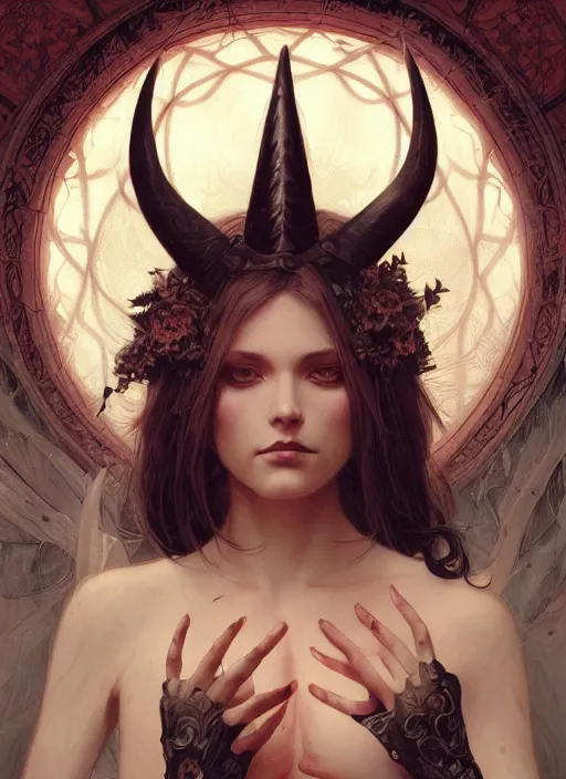 Image similar to a beautiful illustration of a satanic witch with horns in head, intricate, sharp focus, illustration, highly detailed, digital painting, concept art, matte, art by wlop and artgerm and greg rutkowski and alphonse mucha, masterpiece