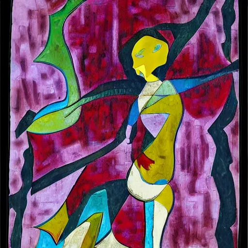 Prompt: seaweed and tree bark clothe the woman who danced by the river, abstract art in the style of cubism and georgia o keefe and georges braque,