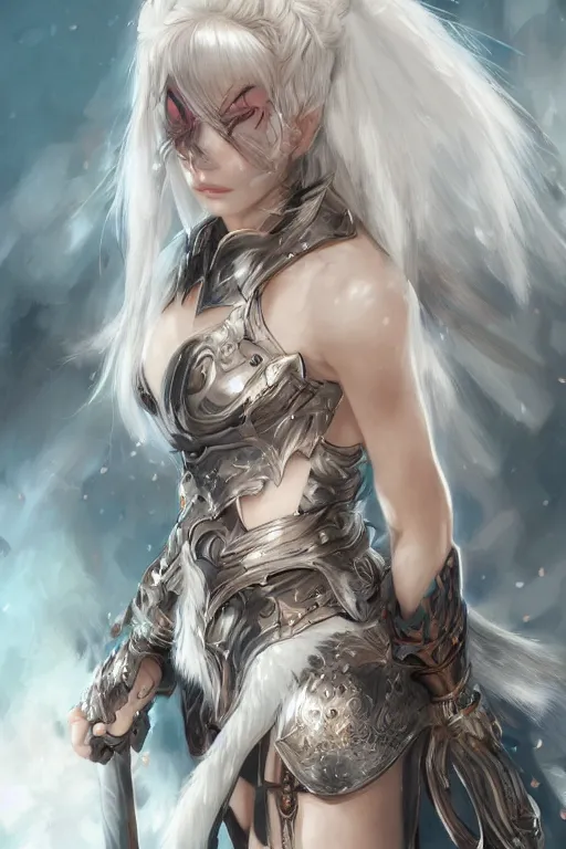 Image similar to A realistic anime portrait of a white haired female barbarian wearing an intricate armor, digital painting, by Stanley Artgerm Lau, Sakimichan, WLOP and Rossdraws, digtial painting, trending on ArtStation, SFW version