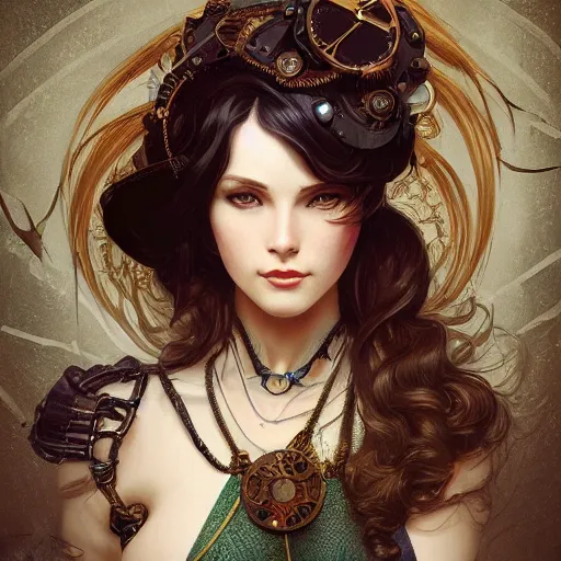 Image similar to photograpic portrait of a pretty woman, steampunk, fantasy, intricate, elegant, highly detailed, digital painting, artstation, concept art, smooth, sharp focus, illustration, art by artgerm and greg rutkowski and alphonse mucha