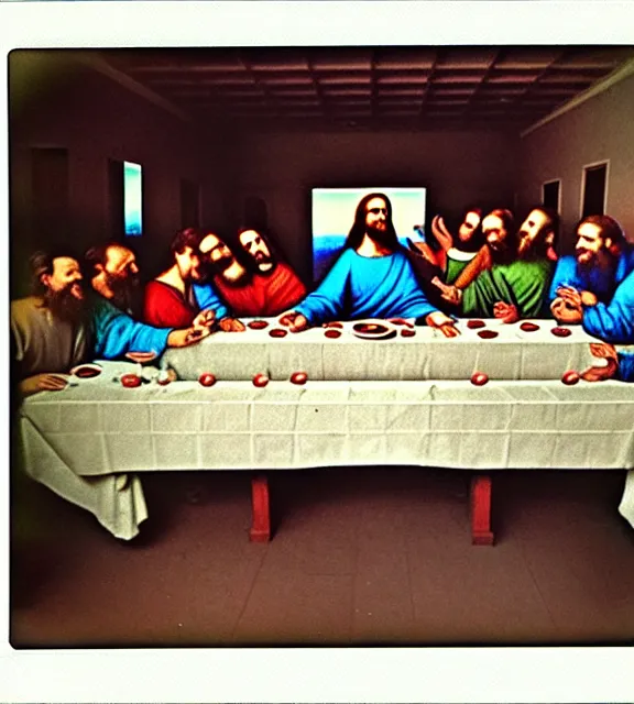 Prompt: the last supper jesus candid Polaroid instant film grain party smiling