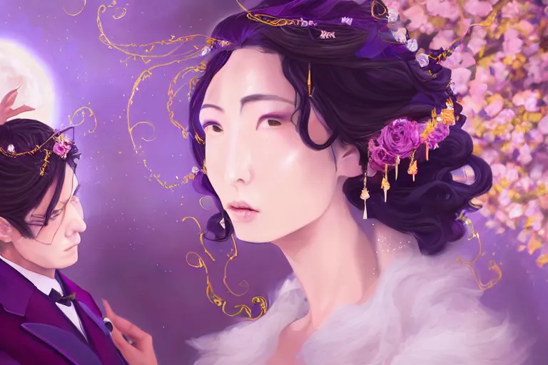 Image similar to a cinematic portrait of wedding photograph jpeg close up moment of a divine a japan sun god and moon goddess lovers magician at a wedding banquet. portraiture. digital painting. artstation. concept art. fantasy wedding photo. digital painting, 8 k realistic, hyper detailed, violet evergarden art masterpiece by art by krenz cushart