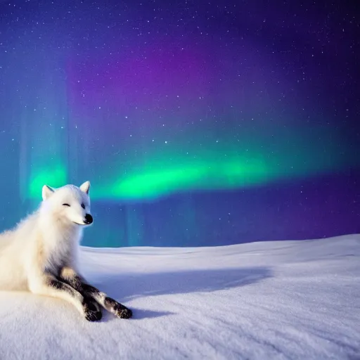 Prompt: white background, snow blanket, arctic fox sitting down, side view, fully body, fox looking up, fox enjoying the sun, matte painting, aurora borealis, snowstorm