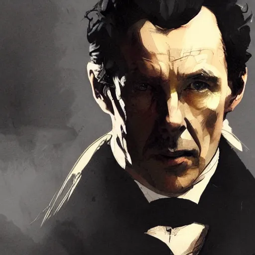 Prompt: portrait of Sherlock Holmes, dramatic lighting, illustration by Greg rutkowski, yoji shinkawa, 4k, digital art, concept art, trending on artstation